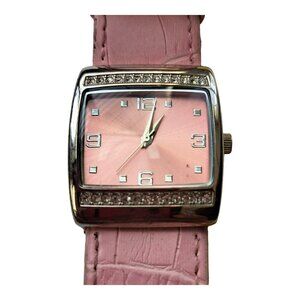 Mary Kay Womens Watch Silver Tone Rhinestone Wide Leather Pink Band Analog READ